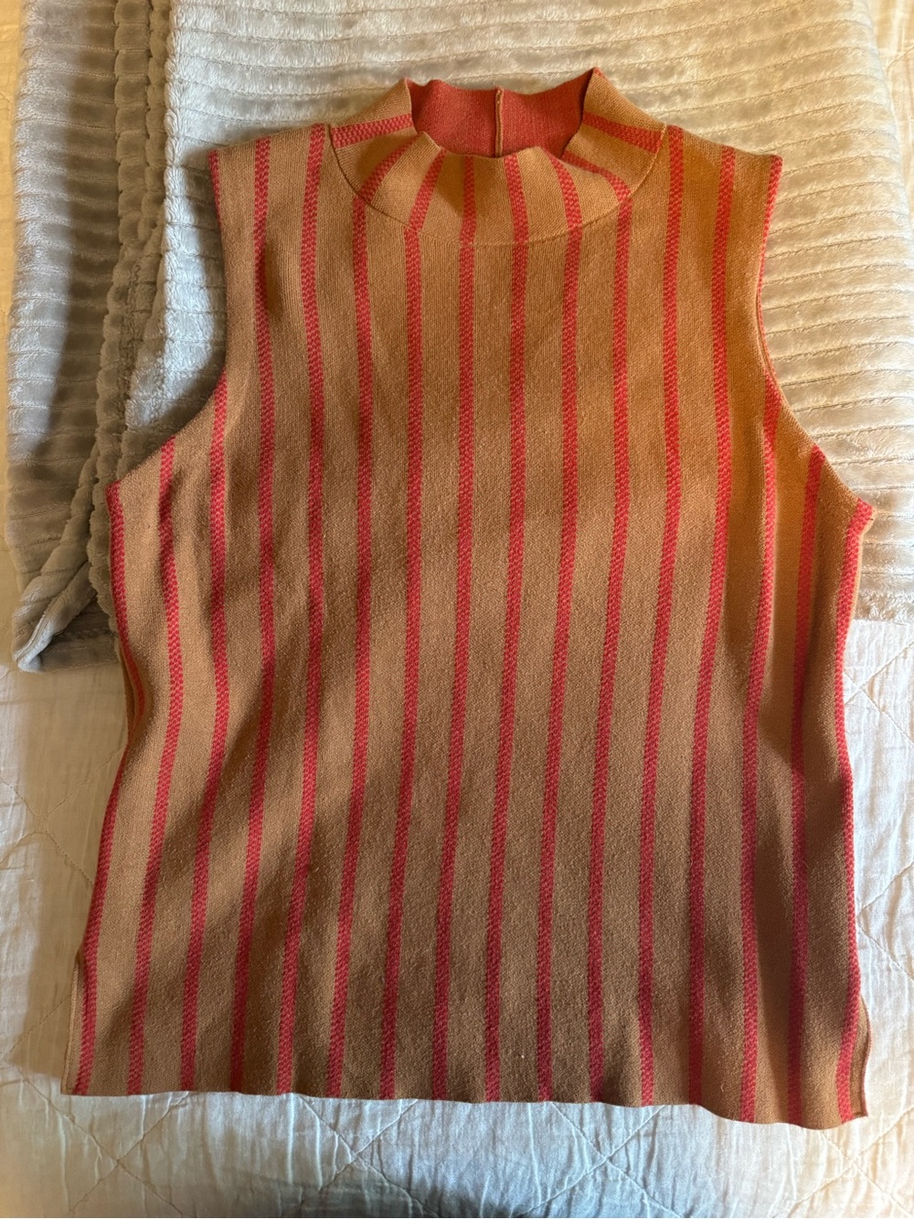 Anthropologie Striped Sleeveless Mock Neck Tank - Coral & Tan